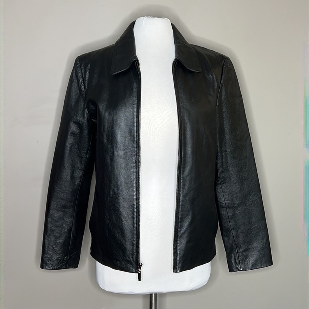 Vintage New York & Company Zip Front Minimalist Black Pebbled Leather Jacket